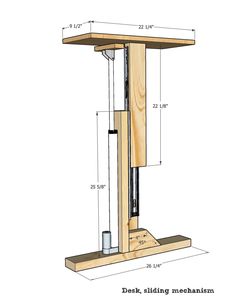 a wooden table with measurements for the top and bottom section, including an open door