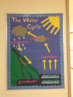 the water cycle is displayed on a bulletin board