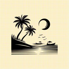 an island with two palm trees and a boat on the water under a full moon