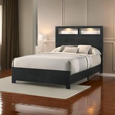 Yoh King Size Bed, Wood, Headboard with Lights and Shelves, Black By Casagear Home Headboard With Lights And Shelves, Wood Headboard With Lights, King Size Bed Wood, Bed Wood Headboard, King Bed Headboard, Modern Lights, Headboard With Lights, Bed Wood, Beds And Headboards