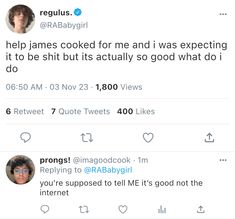 two tweets on twitter with the caption help james cooked for me and i was expecting it to be shitt bits actually so good what i do