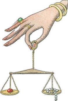 a drawing of a hand on top of a balance scale with an emerald stone in the middle