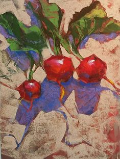 a painting of radishes and leaves on a table