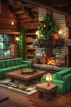 a living room filled with green couches and a fire place in the middle of it