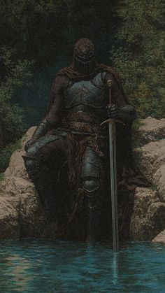 a painting of a knight sitting on a rock in the water