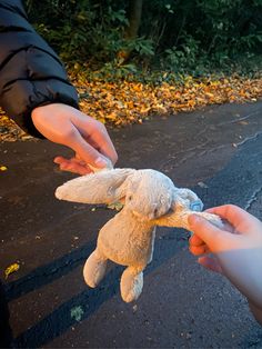 a person holding a stuffed animal in their hand while another person reaches out to touch it