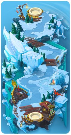 the game is designed to look like an icy mountain with snow and ice houses on it