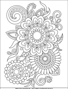 a black and white drawing of flowers with swirls on the petals, which are outlined in