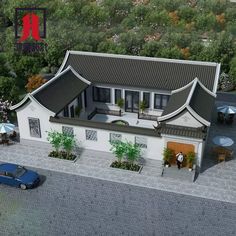 an artist's rendering of a house with two cars parked in front of it