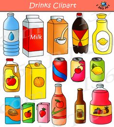 an image of drinks clipart with different types of bottles and containers on the side