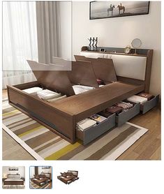 the bed is made up and has drawers under it for storing books, magazines or other items