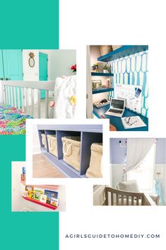 a collage of photos with baby's room furniture and accessories in blue tones