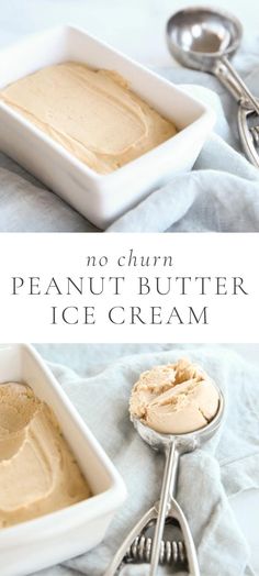 no churn peanut butter ice cream in a white bowl with spoons on the side