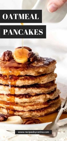 a stack of oatmeal pancakes with syrup on top