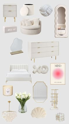 a bunch of white furniture and accessories are arranged in the shape of a collage