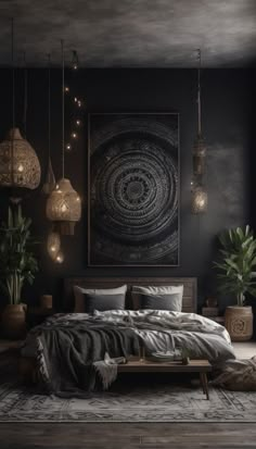 a bedroom with dark walls and lights hanging from the ceiling, an art work on the wall