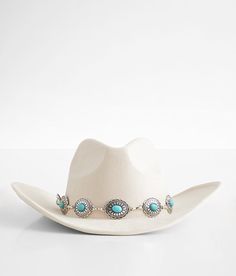 Fame Accessories Turquoise Conch Cowboy Hat - Cream , Women's Ivory Faux suede structured hat Interior cinch tie band 3 1/2 brim One size fits most. 90% Polyester 10% Alloy. Machine wash cold. Do not bleach. Do not tumble dry. Cool iron. Do not dry clean. Apparel & Accessories > Clothing Accessories > Hats Cowboy Hat Outfit Woman, Cowgirl Hats Western, Cowboy Hats Women, Denim Cowgirl, Custom Cowboy Hats, Cowboy Hat Bands, The Fame, Bridal Hat, Cowboy Outfits