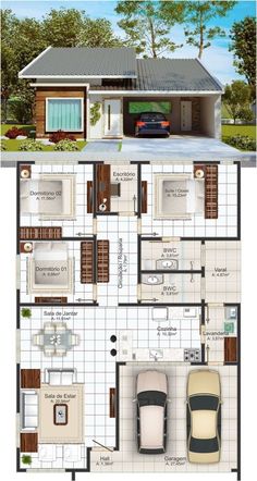 two story house plan with garage and living room in the middle, one car parked on the