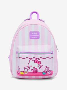 Loungefly Hello Kitty Sweets Pink Stripe Mini Backpack, Hello Kitty Sweets, Rose Gold Handles, Hello Kitty Rhinestone, Nightmare Before Christmas Gifts, Funky Purses, Loungefly Hello Kitty, Cute Mini Backpacks, Kawaii Bag, Horror Gifts