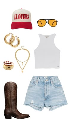 Summer Outfits Cowgirl, Nashville Outfits Summer, Shorts And Cowboy Boots, Shuffles Summer, Country Concert Fits, Style Inspo Summer, Jean Shorts White