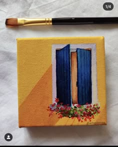 a painting of an open door with flowers and a brush