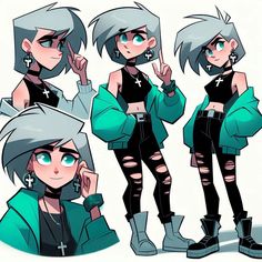 three different poses of an anime character with grey hair and piercings, wearing black pants