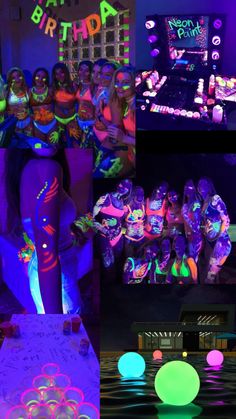 the collage shows people in neon clothing and glow paint on their body, with bright lights around them