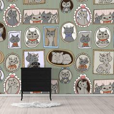 a wall with many cats on it in front of a mirror and flooring area