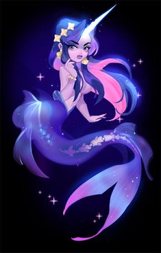 a cartoon mermaid with long hair sitting on top of a blue and purple fish tail