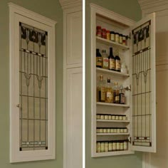 two pictures of the inside of a medicine cabinet with doors open and jars in it