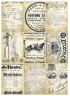 an old fashioned paper with some writing and pictures on the front, in different styles