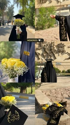 graduation cap and gowns with flowers on the ground