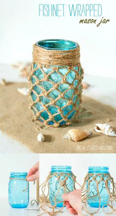 a mason jar filled with sea glass and rope