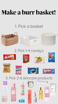 the contents of a basket are shown in this graphic above it is an image of various items