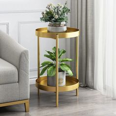 a living room with a couch, chair and potted plant on the end table