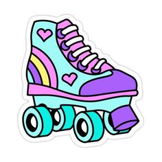 a colorful roller skate with hearts on the top sticker is shown in blue, pink and