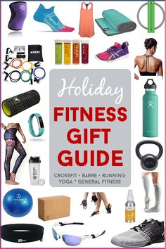 the holiday fitness gift guide is displayed in front of a white background with red lettering