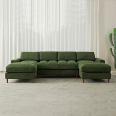 a green sectional couch in front of a window with white drapes and cactus plant