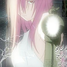 an anime character with pink hair holding a clock