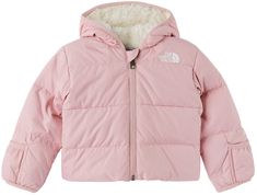 Water-repellent long sleeve down-filled technical taffeta jacket in pink. Logo bonded in white at chest and back. · Fleece-lined hood · Zip closure at front · Foldover mittens · Technical fleece lining · Machine wash Supplier color: Cameo pink The North Face Kids Size: child's height 0-3M : 22-25 / 55.9-63.5 cm 3-6M: 25-28 / 63.5-71.1 cm 6-12M: 29-31 / 73.7-78.7 cm 12-18M: 31-33 / 78.7-83.8 cm 18-24M: 33-35 / 83.8-88.9 cm Fill 1: 75% recycled and reclaimed down, 15% recycled and reclaimed waterf Pink Puffer Jacket With Detachable Hood For Cold Weather, Pink Nylon Hooded Jacket For Winter, Pink Outerwear With Adjustable Hood For Cold Weather, Sporty Pink Outerwear With Detachable Hood, Pink Outdoor Hooded Jacket With Detachable Hood, Pink Hooded Winter Jacket For Outdoor Activities, Pink Hooded Jacket With Adjustable Hood For Cold Weather, Pink Outerwear With Double-lined Hood For Cold Weather, Pink Puffer Jacket For Winter Outdoor Activities