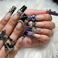 Purple & Black Goth Emo Press on Nails With Charms and Etsy Ongles Goth, Nails With Charms, Nails Gothic, Nails Dark, Gothic Nails, Goth Nails, Pretty Gel Nails, Really Cute Nails, Unique Acrylic Nails