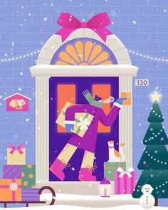 an illustration of a woman opening a door with presents