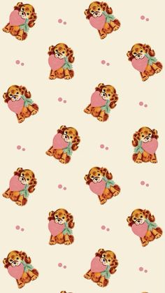 an animal pattern on a white background with pink polka dots and small brown teddy bears