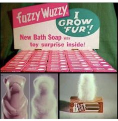 an advertisement for fuzzy wuzzy i grow soap with toy surprise inside, and two pictures of the product