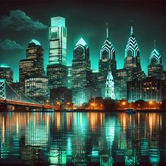 the city skyline is lit up at night with lights reflecting in the water and skyscrapers