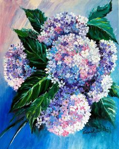 a painting of purple and white flowers on a blue background