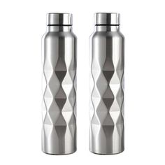 two stainless steel water bottles sitting next to each other on a white background, one is empty