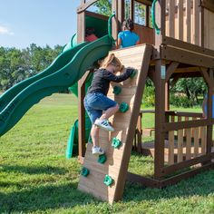 The Skyfort swing set by Backyard Discovery will elevate your children’s imaginations while providing countless hours of fun on its many outdoor play options. With over 12 different features, this cedar tone wooden playset is packed with kids activities for your children and their friends, which will challenge their physical abilities as well as help develop important cognitive and social skills. Unique to the Skyfort playset is an elevated crow’s nest and telescope that will spark an outdoor ad Play Equipment Outdoor, Kids Backyard Playground, Kids Backyard, Wooden Playset, Rock Climbing Wall, Wood Roof, Discovery Kids, Wooden Playhouse, Wooden Swings