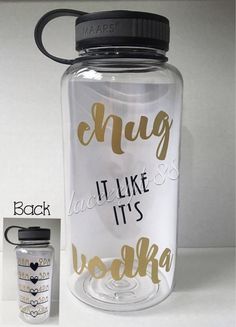 a water bottle with the words hug it like it's vodka written on it