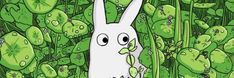 a white rabbit standing in the middle of green plants with eyes wide open and one ear sticking out